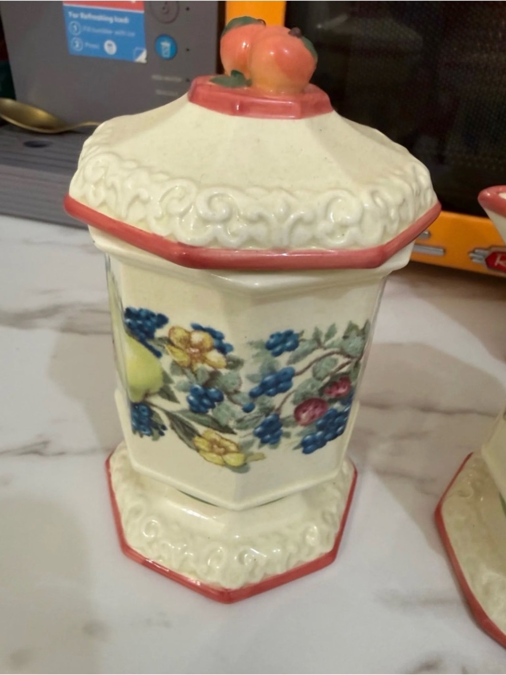 Avon Floral Ceramic Canister in Cream with Pink Trim and Multicolor Fruit Motif
